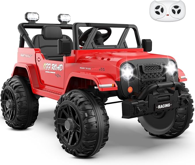 12V Ride On Truck Car with Remote Control, Kids Electric Vehicles with Bluetooth Music, Horn, 3 Speeds, 4 LED Lights, Soft Start, Ride on Toys for Toddler Boys & Girls (Red)