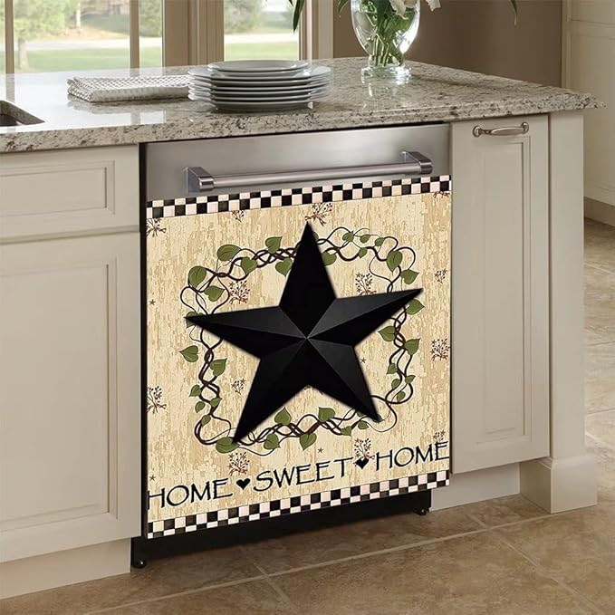 Black Prim Barn Star and Wreath Dishwasher Cover Decorative Magnet Dishwasher Covers for The Front Dishwasher Door Magnet Cover Sticker for Dishwasher Magnetic Dishwasher Cover Panel Decals Kitchen