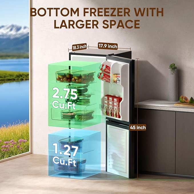 Upstreman 4.0 Cu.Ft Small Refrigerator with Bottom Freezer, Large Capacity Small Fridge with Freezer, Mini Refrigerator for Bedroom, Apartment, Kitchen, BM40 (Black)
