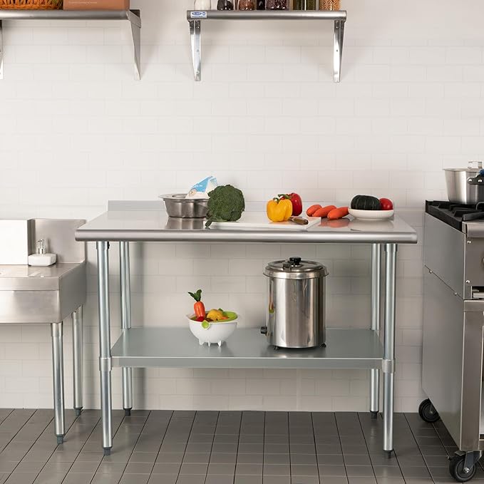 HARDURA Stainless Steel Prep & Work Table 30 x 48 Inches NSF Heavy Duty Commercial with Undershelf and Backsplash, Galvanized Legs for Commercial Food Prep