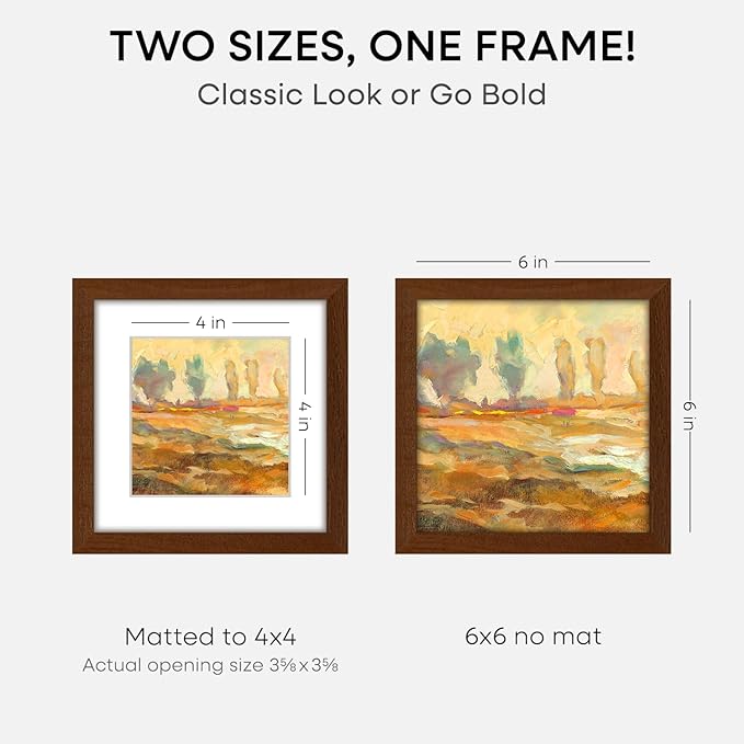 Homeforia 6x6 Picture Frame Brown, High-End Dark Oak 6 x 6 Square Brown Wood Frame with Mat 4 by 4 for Art, 6by6 Wooden Walnut Poster Frame Matted to 4x4 inch Photo, Tempered Glass, Wall Kit, Set of 3