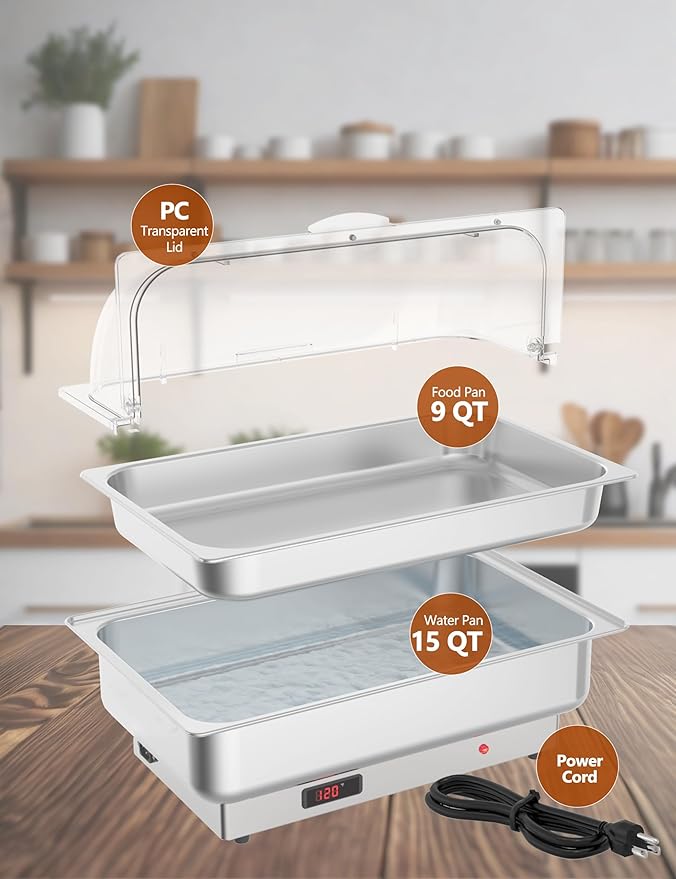 2 Pack Rectangular Chafing Dish Electric Buffet Set,9QT Stainless Steel Food Servers and Warmers with Temperature Control for Catering, Wedding and Parties