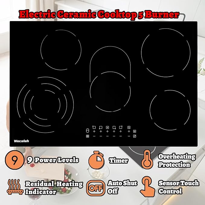 Electric Cooktop 30 Inch 5 Burners, Electric Stove Top 30 Inch, Glass Flat Top Ceramic Cooktop Stove, Built-In, Timer, Child Lock, 9 Power Levels, Black, 220-240V(No Plug), 8500W
