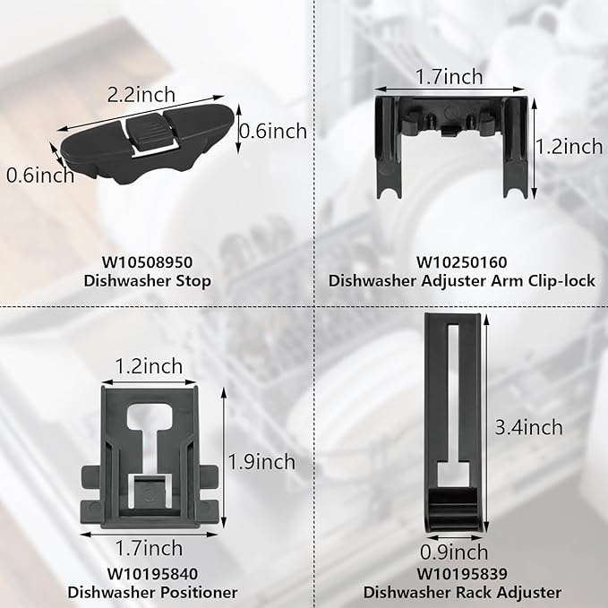 UPGRADED W10350375 Dishwasher Top Rack Adjuster & W10195840 Arm Positioner & W10195839 Rack Adjuster & W10250160 Clip Lock & 10508950 Stop Clip,Replacement for Whirlpool Dishwasher Parts