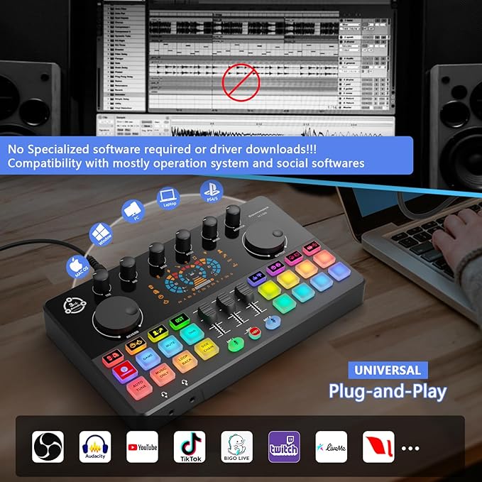 Podcast Equipment Bundle for 2, Audio Interface DJ Mixer with 48V XLR Condenser Microphone, RGB,Voice Change, for Streaming, Podcast Recording,Tiktok,PC, Smartphone COMMANDER M100 3rd