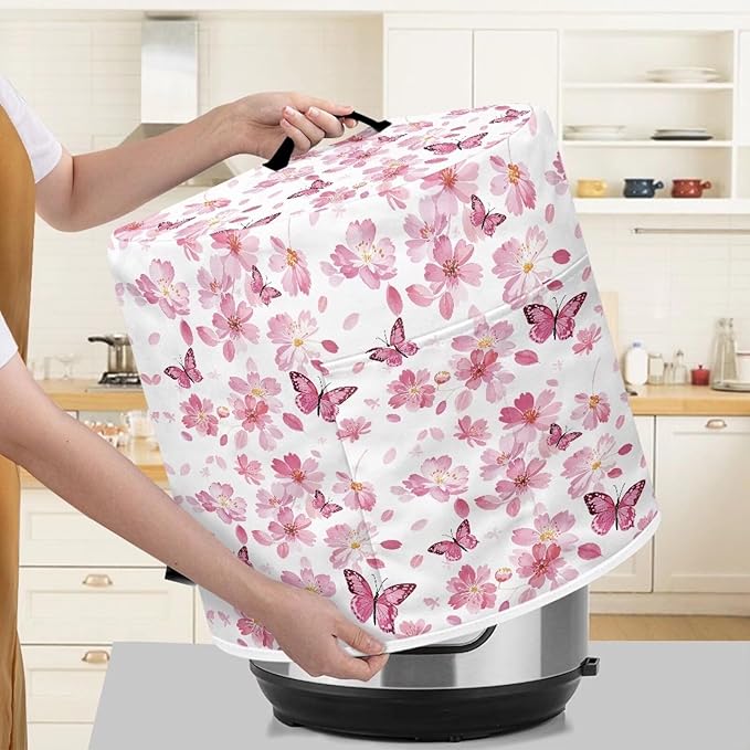 Peach Blossom Butterfly Print Rice Cooker Protective Cover Lightweight Pressure Cooker Cover with Handle & Pocket, Washable Round Air Fryer Cover Home Kitchen Décor