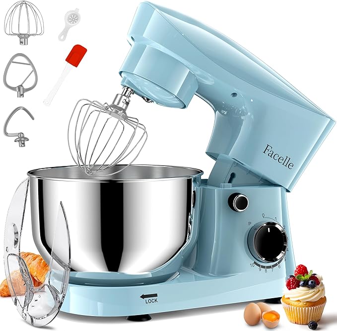 Facelle Stand Mixer, 10-Speed 6QT Kitchen Electric Mixer, Tilt-Head Food Mixer with Beater, Dough Hook, Wire Whip and Egg Separator, scraper for Most Home Cooks (Blue)