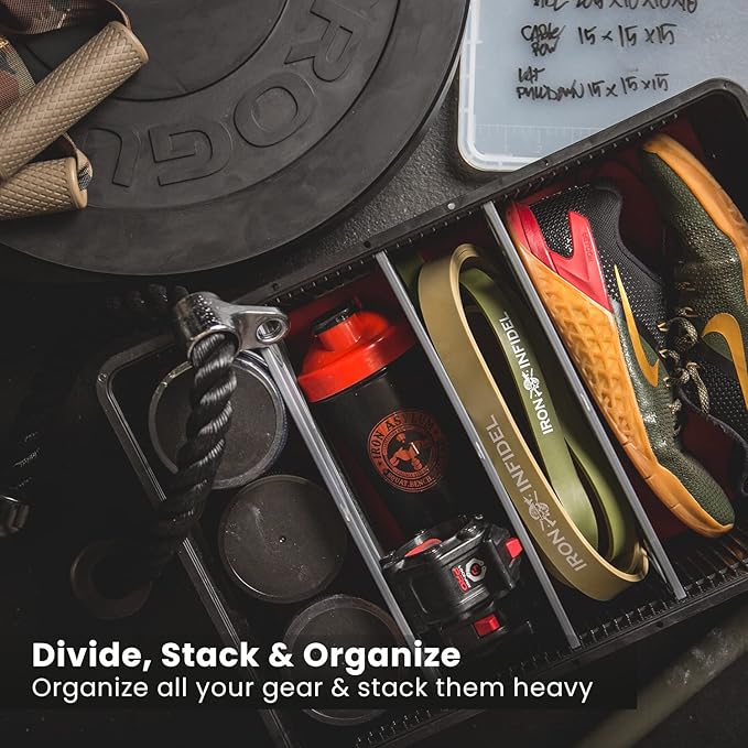 SIDIO CRATE Starter Pack - Two Full Size and One Half Size SidioCrate, Stackable Outdoor Organizer Storage Bins with Clear Lid and Dividers - Tan