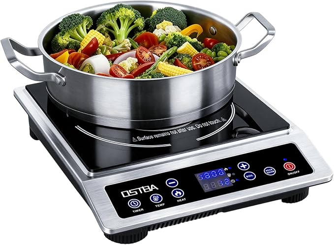 OSTBA 1800W Commercial Induction Cooktop, 10" Heating Coil Countertop Induction Burner, 10 Power Levels & 120–460°F Temperature Control, 12H Timer, Keep Warm, ETL Certified