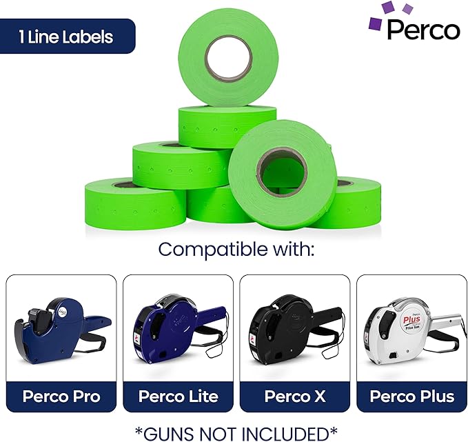 Perco 1 Line Fluorescent Green Labels - 80 Rolls, 10 Sleeves, 80,000 Blank Price and Date Gun Labels for Perco 1 Line Price and Date Guns - Made in USA