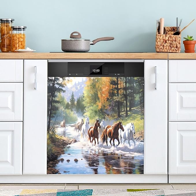 Dishwasher Magnet Cover, Horses Painting Magnet Sticker Fridge Panel Decal for Home Kitchen Decor, 23x26 in
