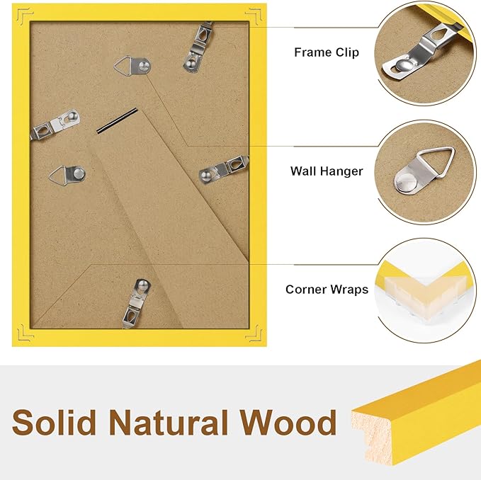 Vittanly 5x7 Picture Frame, Solid Wood Frame with Plexiglass, Includes 4x6 Mat, Wall Hanging or Tabletop for Home Decor, Yellow, 1 Pack