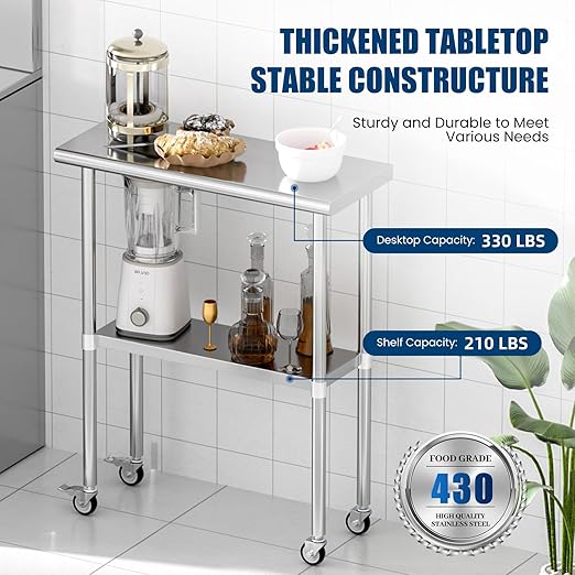Stainless Steel Table with Wheels 14 x 30 Inches Metal Prep Table with Adjustable Undershelf & Casters for Commercial Kitchen, Outdoor, Restaurant, Hotel & Garage