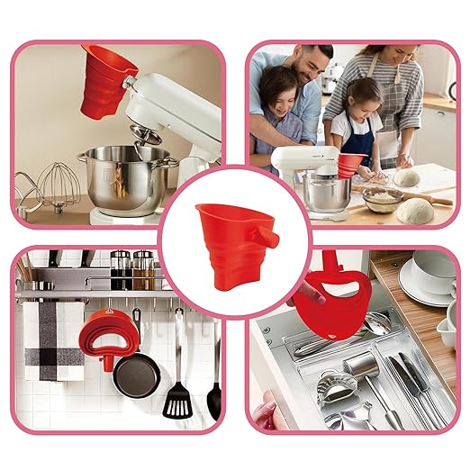 Flour Funnel for Kitchen Mixer，Silicone Funnel with Easy-Pour Attachment Fits 4.5 & 5Quart Tilt-Head Mixers, Easy Clean Durable Mess-Free Baking Accessory ((red,KSM150)