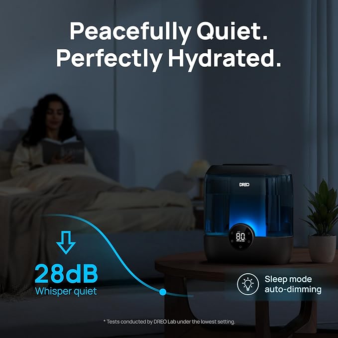 DREO 6L Top Fill Humidifiers for Bedroom, 60H Runtime 28 dB Quiet Supersized Cool Mist Air Humidifiers for Large Room, Baby Nursery, Plant, Indoor, Night Light, Easy to Clean, Precise Humidity Control