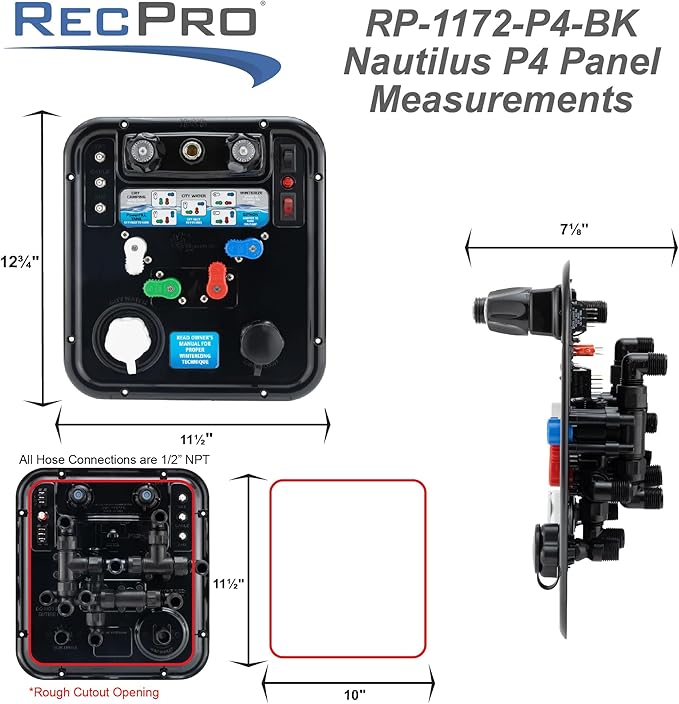 RecPro RV Water Management Panel | Nautilus P4 | 8-Function City-Water Fill | Made in America (Black, Include Install Kit)