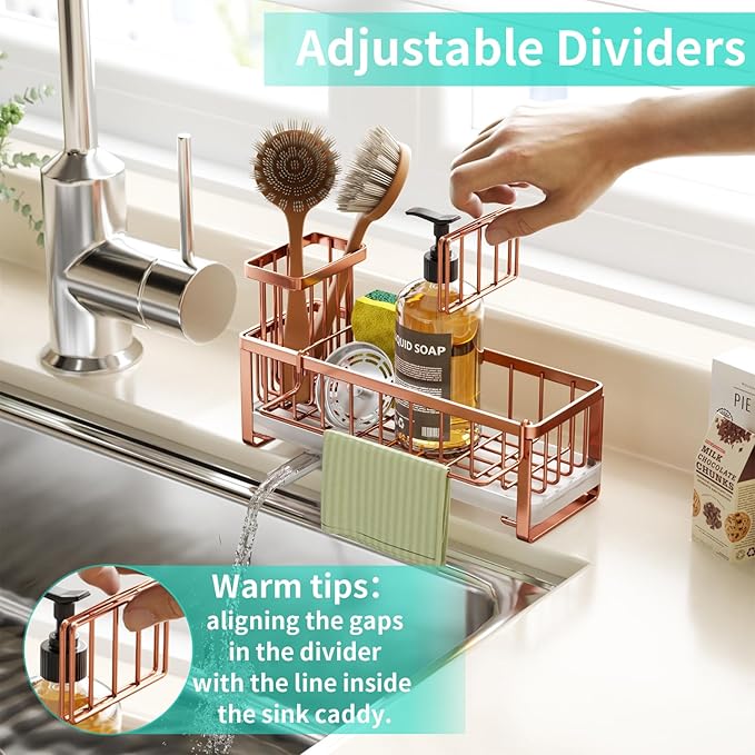 HapiRm Sponge Holder for Kitchen Sink - Self-draining Sink Caddy with Brush and Dishcloth Holders, Stainless Steel Kitchen Organizer for Countertop - Rose Gold