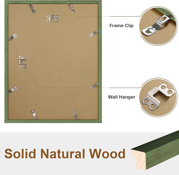 Vittanly 11x14 Picture Frame Set of 2, Solid Wood Frame for Wall Art Photo and Prints, Display Photo 8x10 with Mat or 11x14 without Mat, Rustic Green