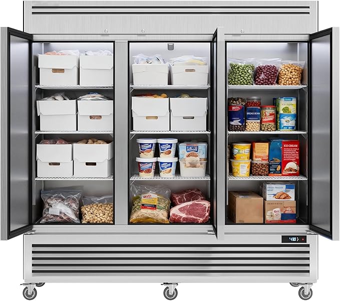 Coolake 82" Commercial Reach-in Freezer 3 Solid Doors, 72 Cu.ft Stainless Steel Fan Cooling Upright Freezer 12 Adjustable Shelves, Commercial Freezer for Restaurant Kitchen Grocery Store Prep Area