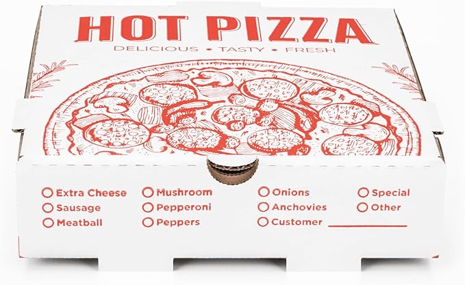Karat Pizza Boxes 8" x 8" [50 Pack] Classic Red Print Corrugated Boxes | Ventilated, Grease-Resistant, Durable for Pizza or Mailing Use