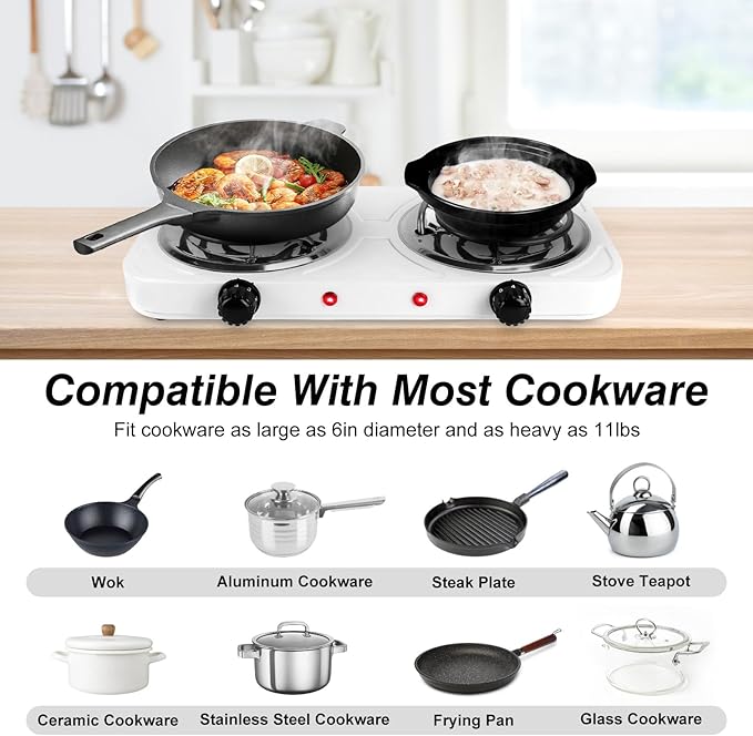 2000W Double Burner Electric, Portable Hot Plate for Cooking, Cooking Stove with 5 Temperature Adjustments, Countertop Burner Cooktop for Kitchen, Dorm (2Burner_White, 18x10x3")