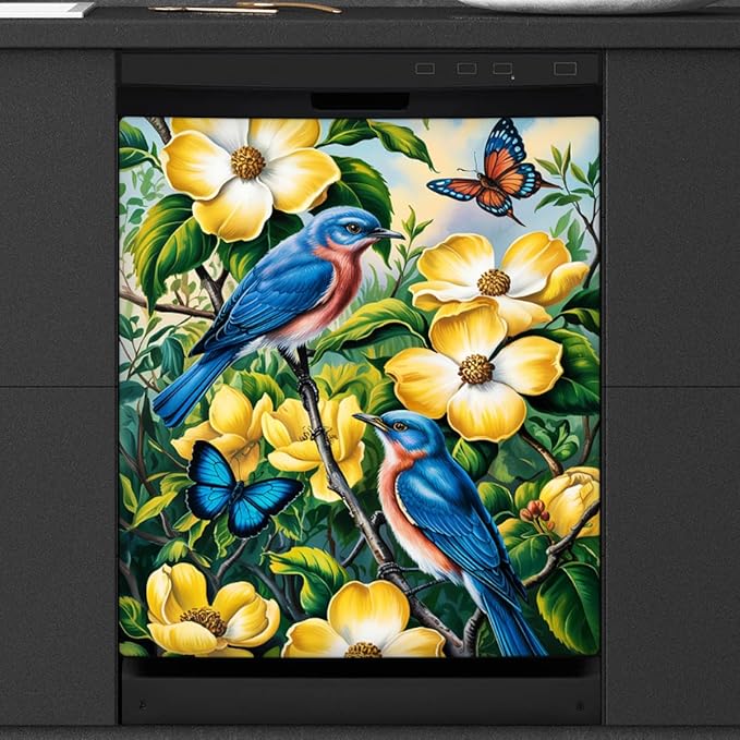 Flowers Birds Butterfly Dishwasher Magnet Cover Front Dishwasher Cover Decor Reusable Magnetic Door Cover Panel Decal Home Appliances Stickers Kitchen Refrigerator Fridge 23"x26"