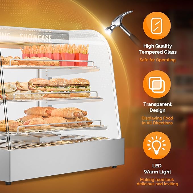 ROVSUN 26" Commercial Food Warmer Display Pizza Warmer, 3-Tier Electric Countertop Food Warmer w/LED Lighting Adjustable Removable Shelves Glass Door, Pretzel Warmer for Buffet Restaurant, Silver