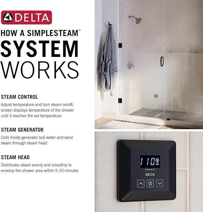Delta Faucet SimpleSteam 10kW Steam System Kit Chrome, Includes 10kW Steam System Generator, Square Digital System Control, Square Steam Head, Lumicoat Chrome 5P-EST010-PR