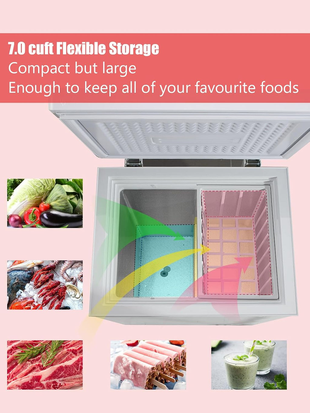 7.0 Cu.Ft Chest Freezer 7 Gears Temperature Control(-4°F to 6.8°F), Deep Compact Freezer with A Removable Basket, for House, Kitchen, Garage, Basement, Shop, White