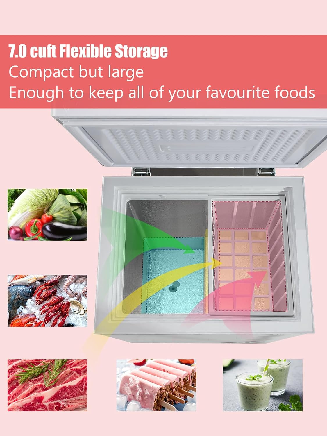 7.0 Cu.Ft Chest Freezer 7 Gears Temperature Control(-4°F to 6.8°F), Deep Compact Freezer with A Removable Basket, for House, Kitchen, Garage, Basement, Shop, White