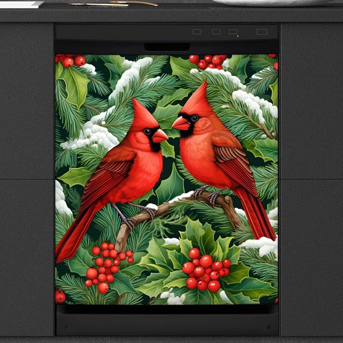 Christmas Cardinals Dishwasher Magnet Cover, 23" W x 26" H Fridge Magnetic Stickers Reuseable Magnet Panel Decal Cover for Washing Machine Fridge Microwave Cabinet Kitchen Christmas Decoration