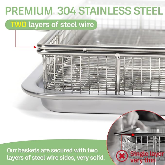 Extra Thick Air Fryer Basket for Full Size Oven,2 PCS-Set,Air Fry Basket & Crisper Tray Pan,Easy Cleaning and Crispy Results,Stainless Steel Air Fryer Accessories,with one Removable Handle,15''×11''