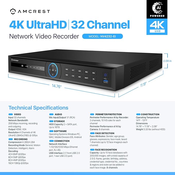 Amcrest 4K NV4232-EI 32CH AI NVR, Smart NVR, Facial Recognition, Facial Detection & Vehicle Detection - Supports 32 x 4K IP Cameras, Supports 2 x 16TB HDD (Not Included) (No PoE Ports Included)