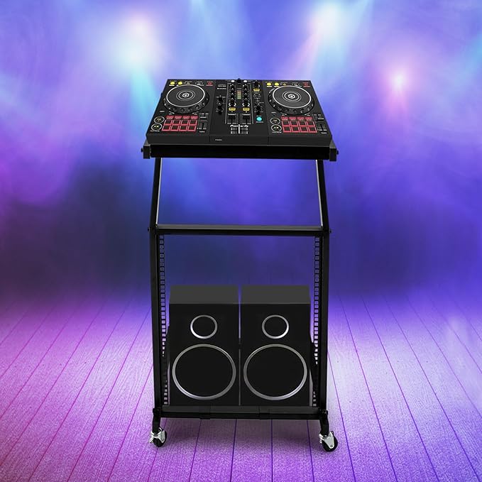 DJ Mixer Stand, 2-Layer Audio Device Rack with 4 Wheels, Audio Studio Mixer Stand for Homes Offices Stage Concert Studio Equipment Rolling Stage Cart (12U)