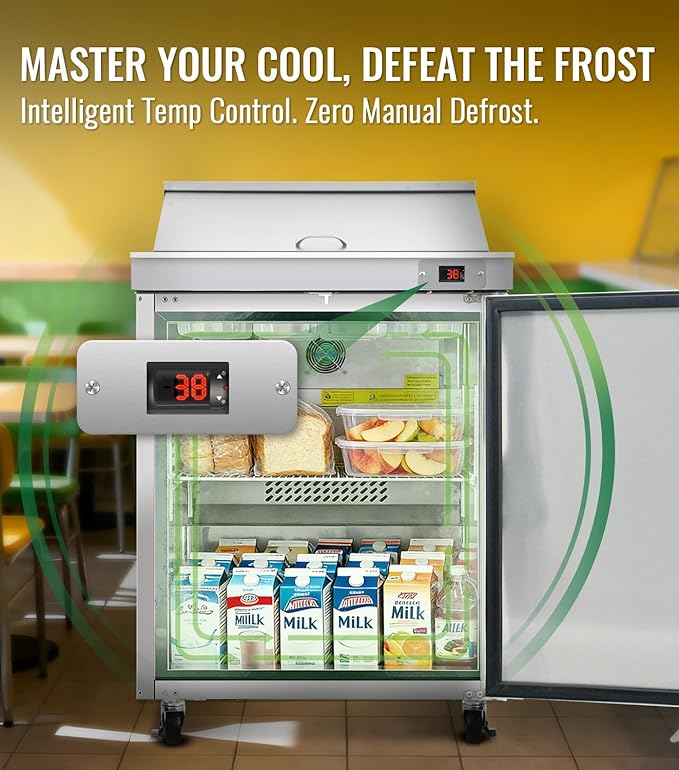 29" W Commercial Refrigerators Sandwich Salad Prep Table, 8.6 Cu.Ft Stainless Steel Food Prep Fridge with 8 Pans, Adjustable Shelves, Auto Defrost, Good Choice for Poke Bowl Shops, Delis, Food Truck