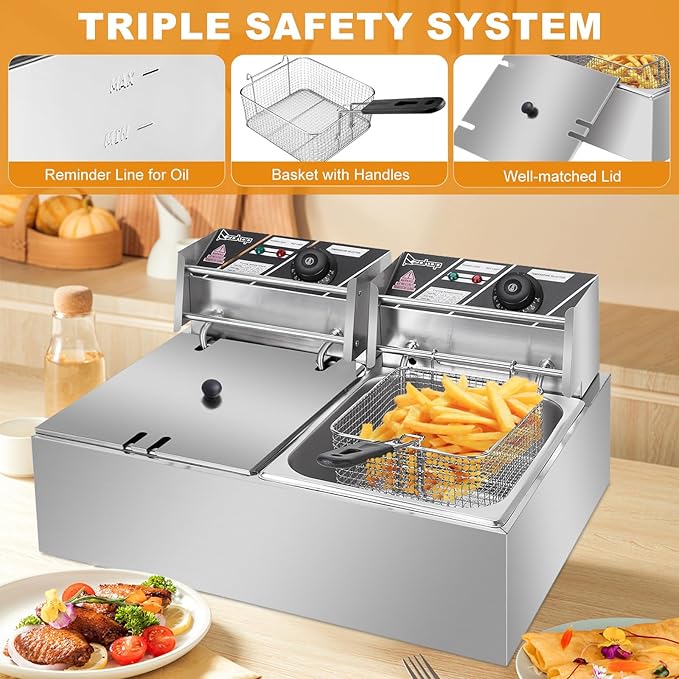 22.8QT/21.6L Commercial Deep Fryer with Basket and Lid, 5000W Electric Fryer, Countertop Oil Fryer for French Fries, Onion Rings, Donuts, Temperature Adjustable 140-392℉, Stainless Steel Double Tank