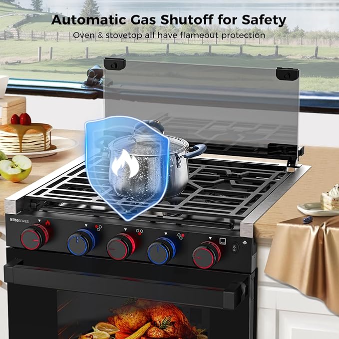 CAMPLUX Elite 21-Inch RV Stove Oven Combo with Flame Failure Protection, 1.8 Cu.ft RV Propane Oven with 3 Burners Cooktop, 28,100 BTU, Slide-In RV Range Oven for Camper, Trailer, Black