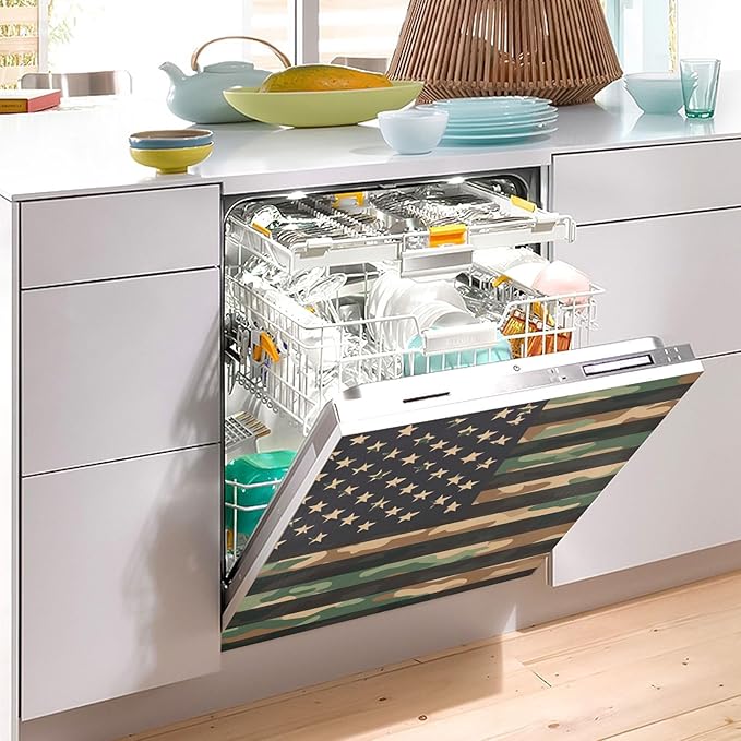 Camouflage USA Flag Black Dishwasher Magnet Cover for Front Panel Magnetic Dishwasher Cover Decorative Refrigerator Magnet Covers Dishwashers Magnetic Sticker for Kitchen Decor, 23" x 26"