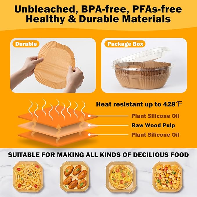 375Pcs Air Fryer Paper Liners, 8" Square Air Fryer Liners Disposable, Heavy-Duty Parchment Paper for 5-8 qt Airfryer, Non-Stick & Non-Leak Paper Liners for Oven Pan, Deep Fryer Parts & Accessories
