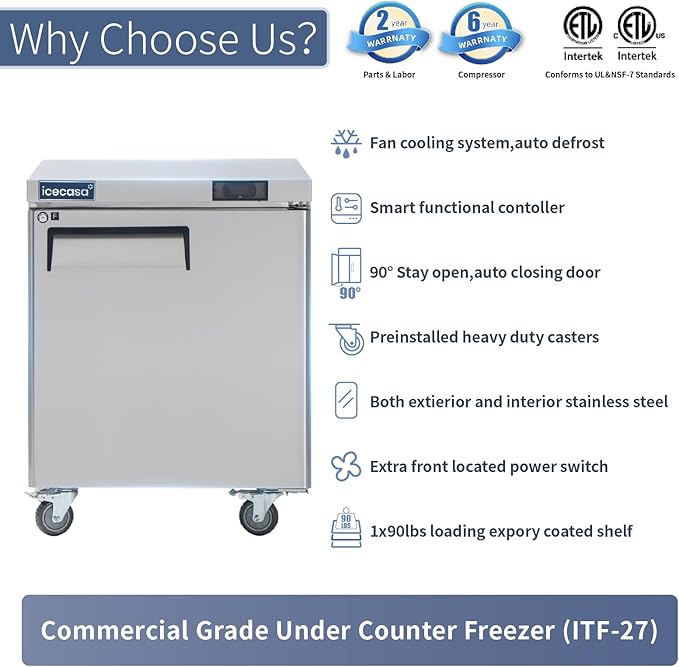 ICECASA 27" W Commercial Freezer Worktop Undercounter Single Door Stainless Steel Counter Fan Cooling Freezer 7 Cu.ft for Restaurant, Bar, Shop, etc