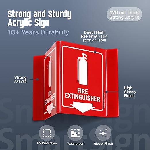 SmartSign (4-Pack) Fire Extinguisher Projecting Sign with Down Arrow - 5" x 6", Two-Sided Wall Mount Polished Acrylic Corridor V-Sign, White on Red