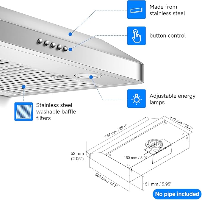 AMZCHEF Under Cabinet Range Hood 30 Inch, 750CFM Stainless Steel Kitchen Stove Vent Hood 3 Speed Exhaust Fan Button Control LED lights Dishwasher-Safe Baffle Filters Three Outlet Design