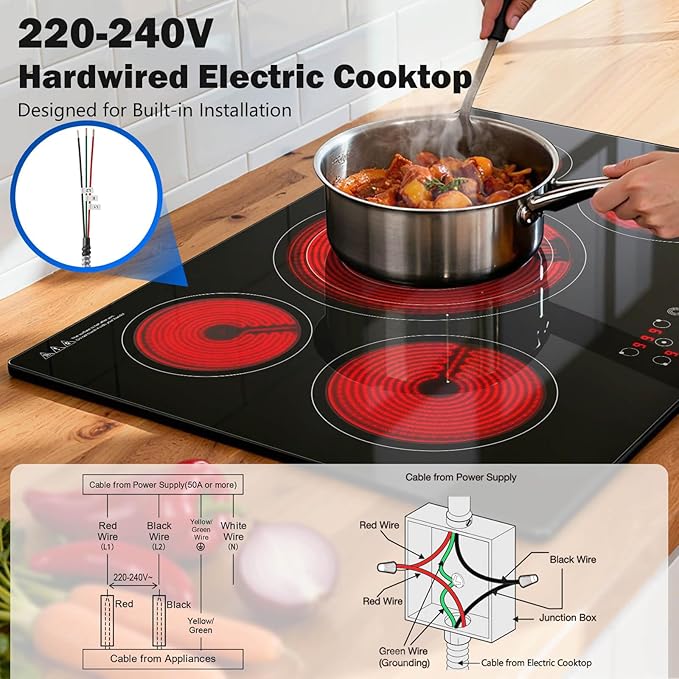 SNDOAS Electric Cooktop 30 inch,9000W 5-Burner Built-in Electric Stove Top with Ceramic Glass & 9 Power Levels,240V Hardwired,Child Lock & Overheat Protection,30" for Standard Countertop Cutout