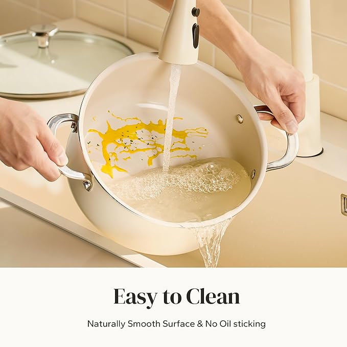 Redchef Ceramic Stock Pot with Lid, Soup Pot for All Stoves, 5 Qt Induction Cooking Pot for Soup Nonstick, Even Heating, Stay-Cool Handles, Oven/Dishwasher Safe, PTFE PFAS Free (Beige)