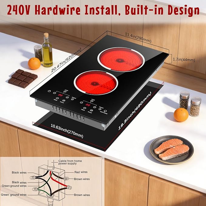 2 Burner Electric Cooktop with Hardwire 12 Inch, 240V Built in 3000W Ceramic Cooktop, Double Burner Electric Stove, Touch Control, Safety Lock, 9 Heating Levels, 99Mins Timer, Overheat Protection