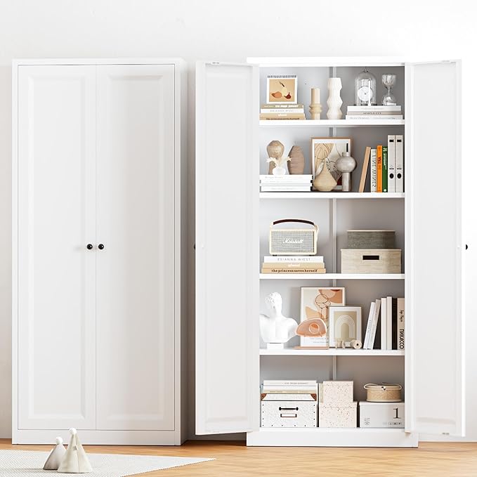 Greenvelly Metal Cabinet, 63" H White Metal Storage Cabinet with Doors and 4 Shelves, Pantry Storage Cabinet for Kitchen, Bedroom, Living Room, Office (Modern)