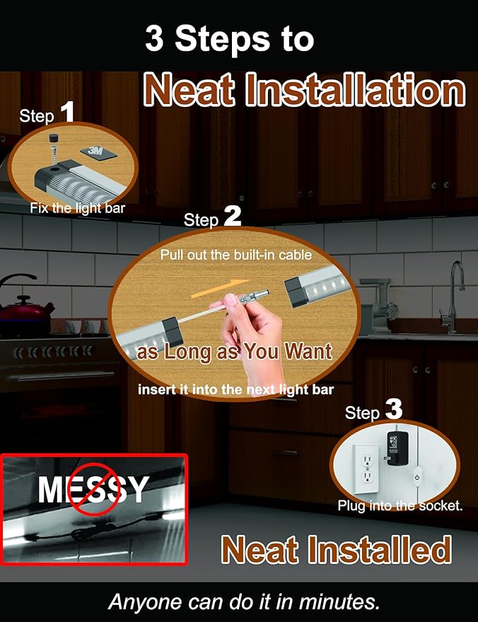 LED Under Counter Lights for Kitchen Touch Under Cabinet Lighting Built-in Adjustable Cable No MESSY Wires! 4 Pcs Cabinet light 3000K 1800Lm Super Bright Good for Garage Pantry Closet Timer Smart Plug