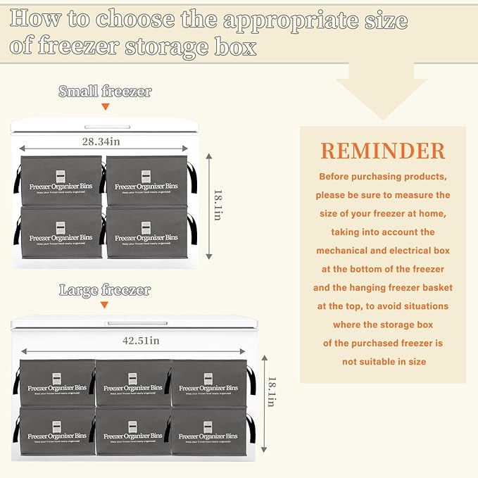 Freezer Organizer Bins, 2 Pack Collapsible Deep Freezer Organizer Bins for 15"x14"x9", freezer Storage Bins with Removable Dividers, Handles (Dark Grey, 2 Pack)