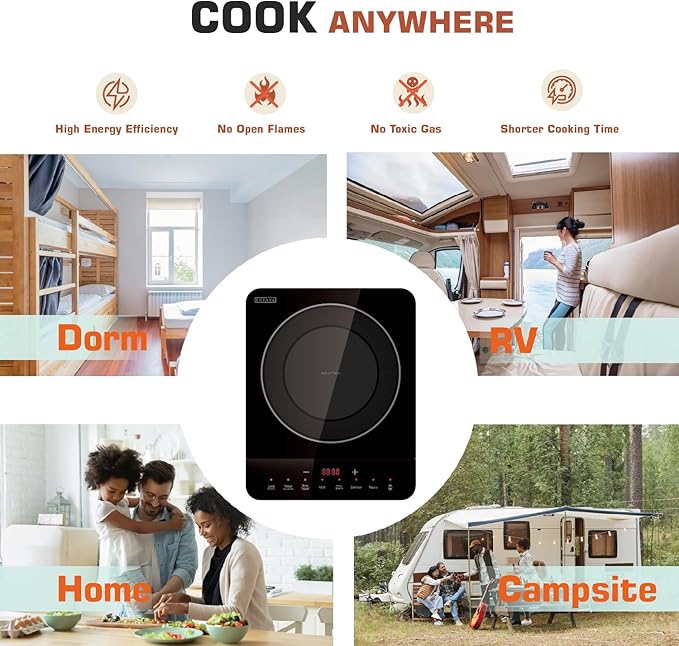Empava Portable Induction Hot Plate Cooktop, Countertop Electric Stove with Single Burner, 3 Preset Modes, Shatterproof Glass Top, 110~120V Plug-In for Kitchen, RV, and Outdoor Camping