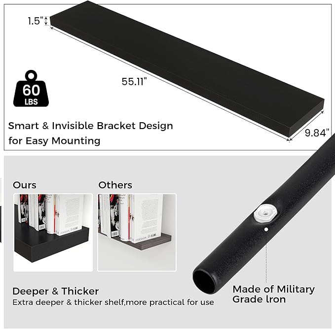 Floating Shelves for Wall 55"W x 10"D x 1.5"H, Long Engineered Wood Wall Shelves with Invisible Brackets for Living Room Bedroom Bathroom Office Kitchen Decor and Storage, Black Finish, Set of 1
